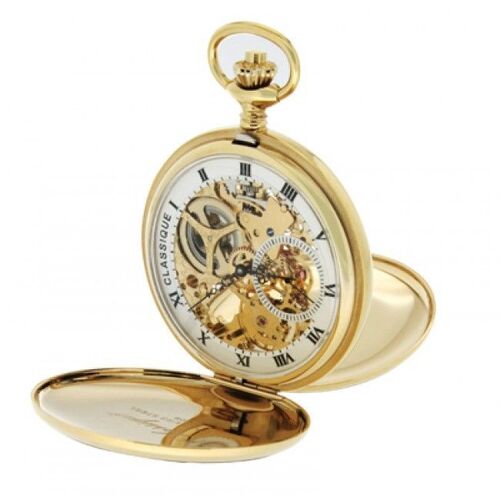 49mm Gold Plated Unisex Mechanical Skeleton Swiss Pocket Watch By CLASSIQUE (Roman) image