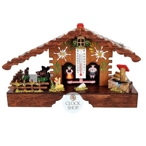 12cm Chalet Weather House with Edelweiss Flowers & Rotating Cows By TRENKLE