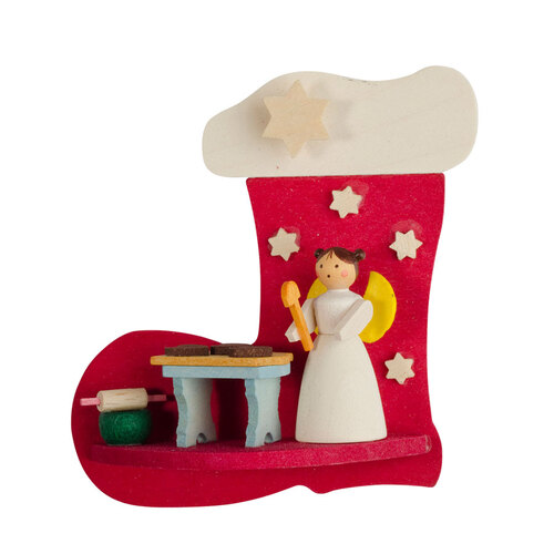7cm Red Wooden Christmas Stocking With Angel & Bakery By Graupner