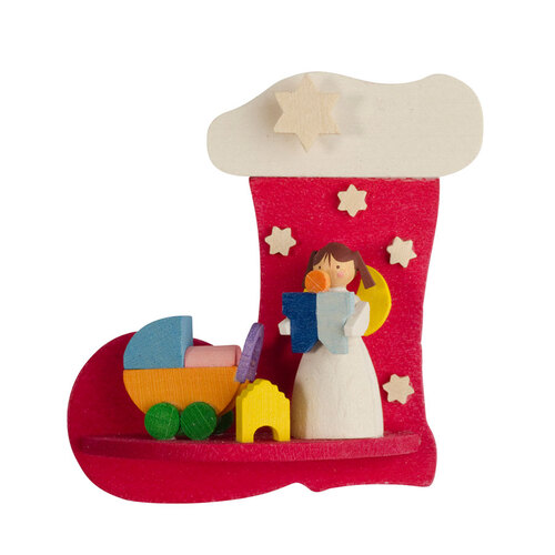 7cm Red Wooden Christmas Stocking With Angel & Pram By Graupner image