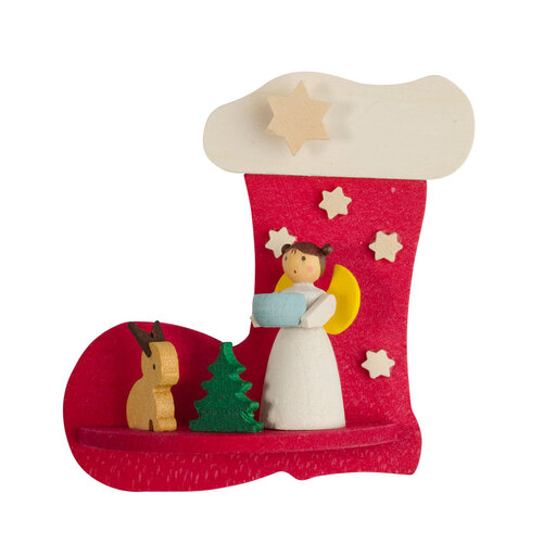 7cm Red Wooden Christmas Stocking With Angel & Bunny By Graupner