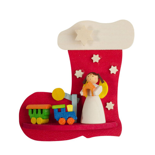 7cm Red Wooden Christmas Stocking With Angel & Train By Graupner