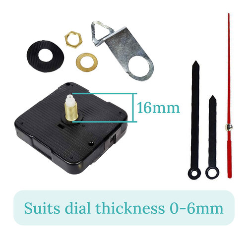 Press Fit Sweep Clock Movement Kit- Black Pointer & Red Seconds Hands (16mm Shaft)