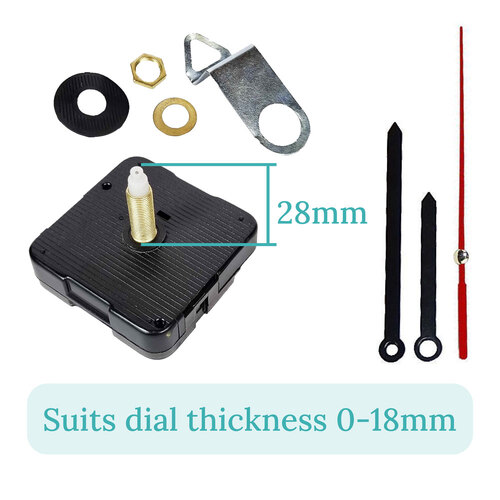 Press Fit Sweep Clock Movement Kit- Black Pointer & Red Seconds Hands (28mm Shaft)