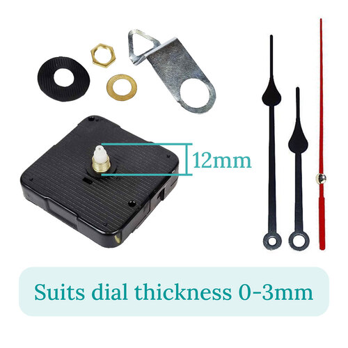 Press Fit Sweep Clock Movement Kit- Black Spade & Red Seconds Hands (12mm Shaft)
