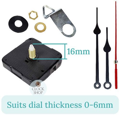 Press Fit Sweep Clock Movement Kit- Black Spade & Red Seconds Hands (16mm Shaft) | Fits 3.5mm & 5.5mm Hand Holes image