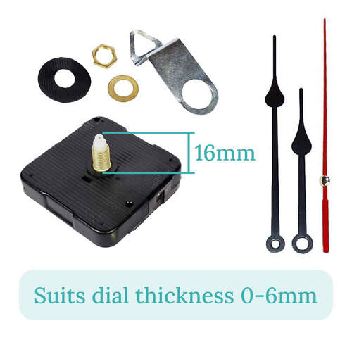 Press Fit Sweep Clock Movement Kit- Black Spade & Red Seconds Hands (16mm Shaft)