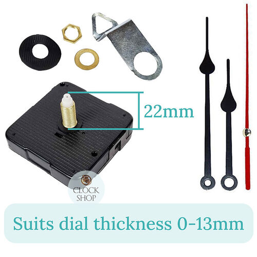Press Fit Sweep Clock Movement Kit- Black Spade & Red Seconds Hands (22mm Shaft) | Fits 3.5mm & 5.5mm Hand Holes image