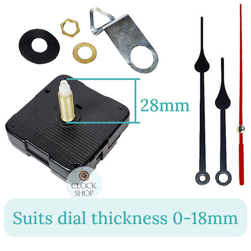 Press Fit Sweep Clock Movement Kit- Black Spade & Red Seconds Hands (28mm Shaft) | Fits 3.5mm & 5.5mm Hand Holes image