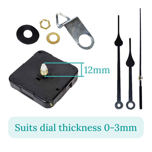 Press Fit Sweep Clock Movement Kit- Black Spade & Seconds Hands (12mm Shaft)
