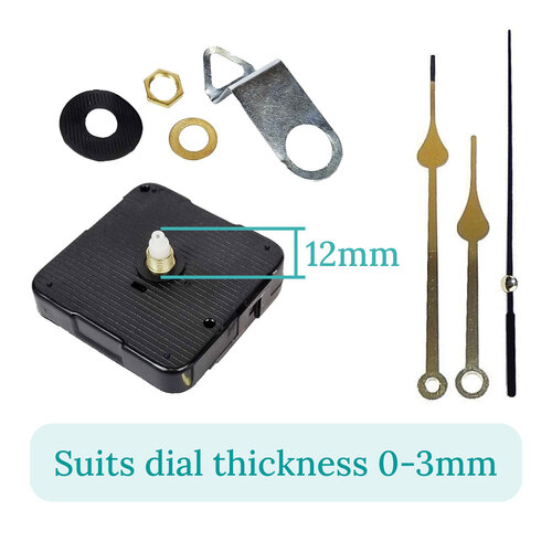 Press Fit Sweep Clock Movement Kit- Gold Spade & Black Seconds Hands (12mm Shaft)