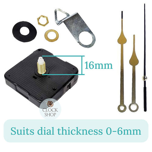 Press Fit Sweep Clock Movement Kit- Gold Spade & Black Seconds Hands (16mm Shaft) | Fits 3.5mm & 5.5mm Hand Holes image